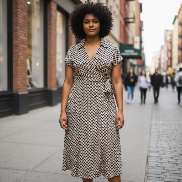 Cato Tan Brown Faux Wrap Midi Dress Plus Size 24W with Collar Surplice Front - Picture 1 of 9